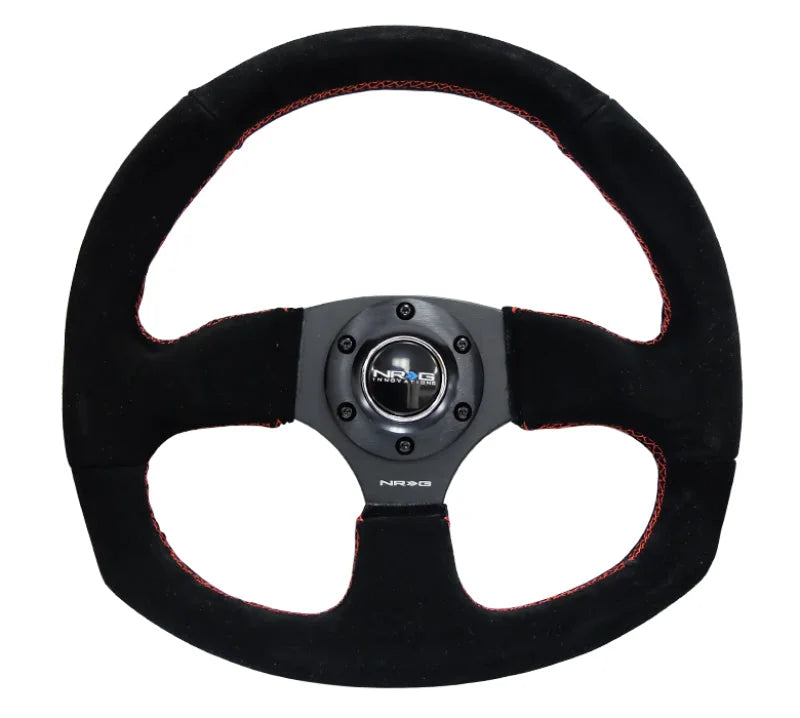 NRG Reinforced Steering Wheel (320mm Horizontal / 330mm Vertical) Suede w/Red Stitch - Side View