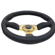 Load image into Gallery viewer, NRG Reinforced Steering Wheel (350mm / 2.5in. Deep) Leather Race Comfort Grip w/4mm Gold Spokes - Main Product View
