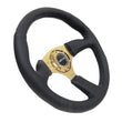 Load image into Gallery viewer, NRG Reinforced Steering Wheel (350mm / 2.5in. Deep) Leather Race Comfort Grip w/4mm Gold Spokes - Side View