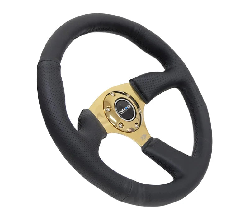 NRG Reinforced Steering Wheel (350mm / 2.5in. Deep) Leather Race Comfort Grip w/4mm Gold Spokes - Side View