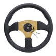 Load image into Gallery viewer, NRG Reinforced Steering Wheel (350mm / 2.5in. Deep) Leather Race Comfort Grip w/4mm Gold Spokes - Back View