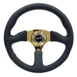 Load image into Gallery viewer, NRG Reinforced Steering Wheel (350mm / 2.5in. Deep) Leather Race Comfort Grip w/4mm Gold Spokes - Installation View