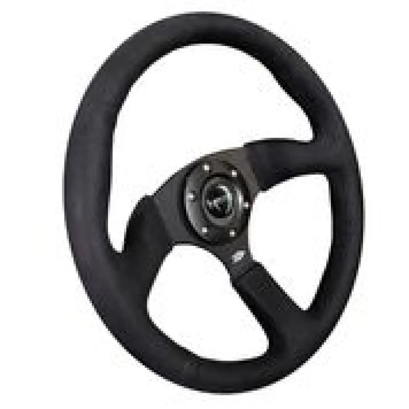 NRG Reinforced Steering Wheel (350mm / 2.5in. Deep)Blk Alcantara Comfort Grip w/4mm Matte Blk Spokes - Side View