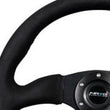 Load image into Gallery viewer, NRG Reinforced Steering Wheel (350mm / 2.5in. Deep)Blk Alcantara Comfort Grip w/4mm Matte Blk Spokes - Back View