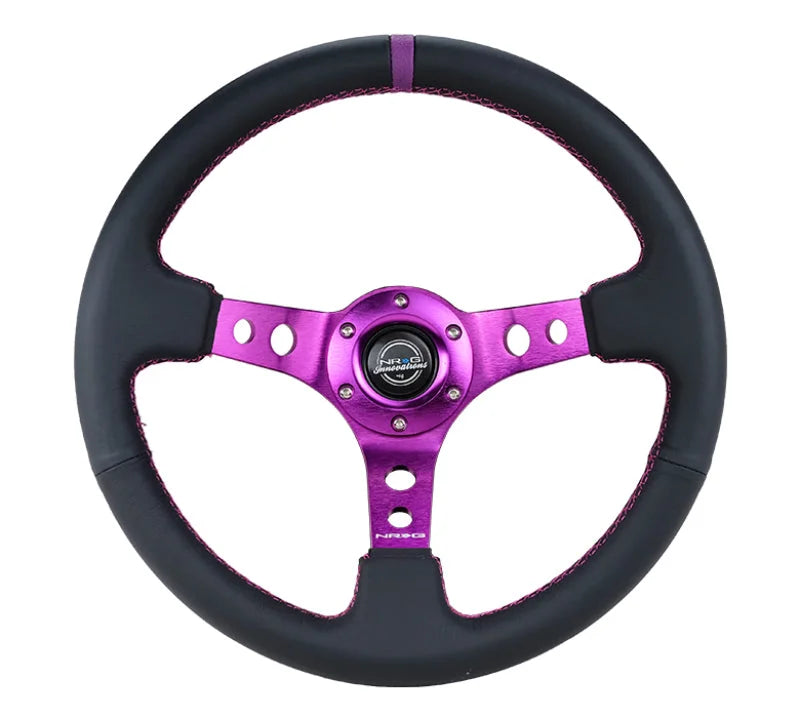 NRG Reinforced Steering Wheel (350mm / 3in. Deep) Black Leather w/Purple Center & Purple Stitching - Side View