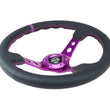 Load image into Gallery viewer, NRG Reinforced Steering Wheel (350mm / 3in. Deep) Black Leather w/Purple Center &amp; Purple Stitching - Detail View