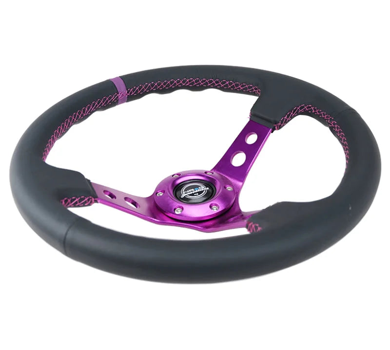 NRG Reinforced Steering Wheel (350mm / 3in. Deep) Black Leather w/Purple Center & Purple Stitching - Detail View