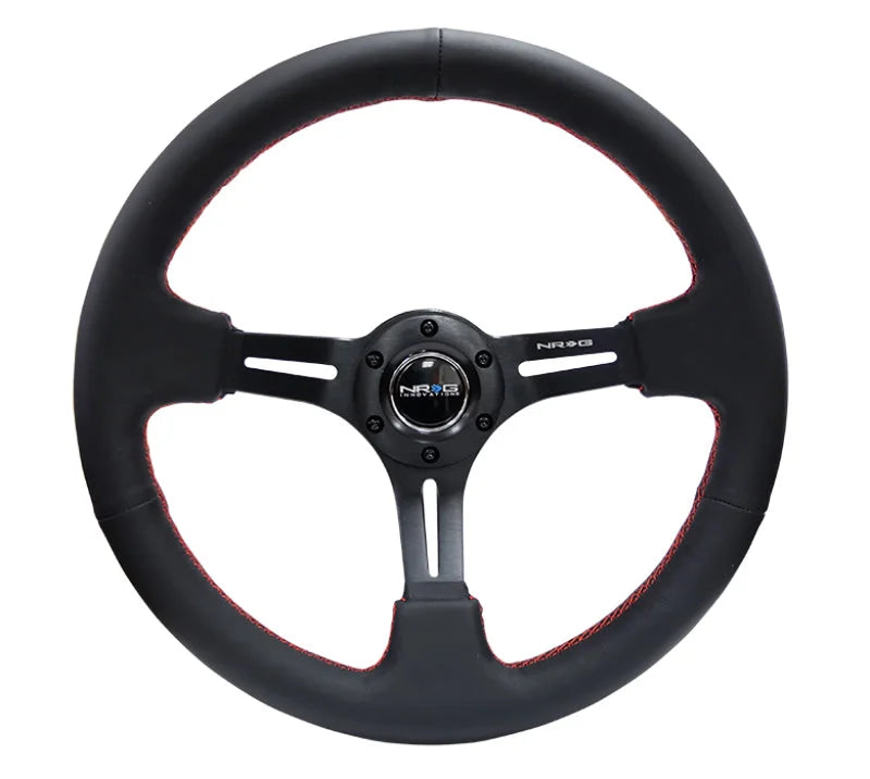 NRG Reinforced Steering Wheel (350mm / 3in. Deep) Black Leather/Red Stitch & Blk 3-Spoke w/Slits - Main Product View