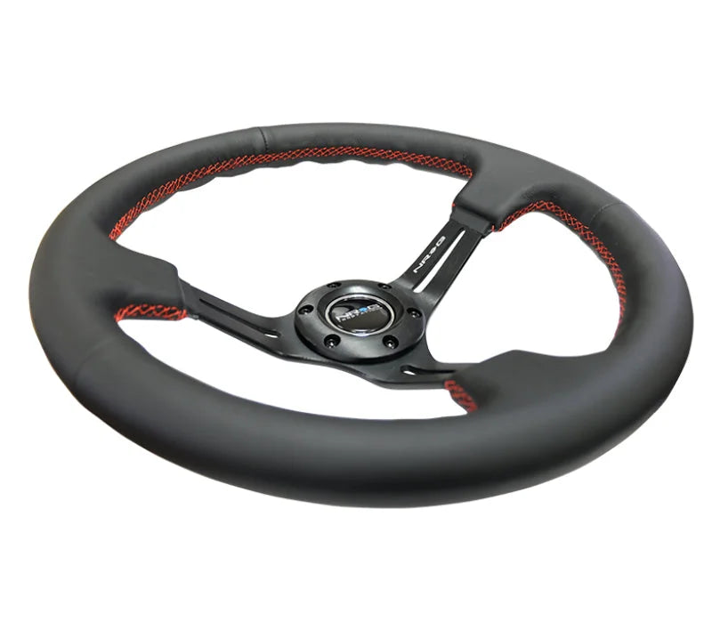 NRG Reinforced Steering Wheel (350mm / 3in. Deep) Black Leather/Red Stitch & Blk 3-Spoke w/Slits - Side View