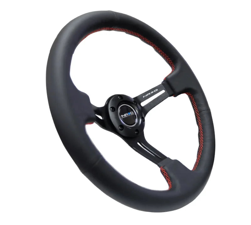 NRG Reinforced Steering Wheel (350mm / 3in. Deep) Black Leather/Red Stitch & Blk 3-Spoke w/Slits - Detail View