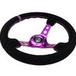 Load image into Gallery viewer, NRG Reinforced Steering Wheel (350mm / 3in. Deep) Black Suede w/Purple Center &amp; Purple Stitching - Side View