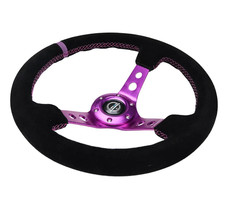 NRG Reinforced Steering Wheel (350mm / 3in. Deep) Black Suede w/Purple Center & Purple Stitching - Side View