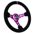 Load image into Gallery viewer, NRG Reinforced Steering Wheel (350mm / 3in. Deep) Black Suede w/Purple Center &amp; Purple Stitching - Detail View