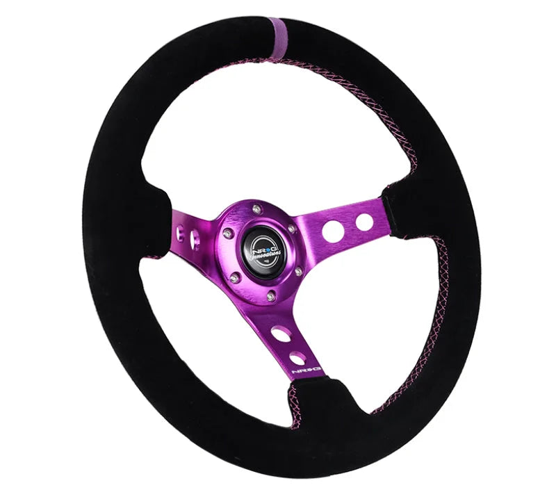 NRG Reinforced Steering Wheel (350mm / 3in. Deep) Black Suede w/Purple Center & Purple Stitching - Detail View