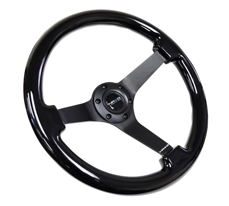NRG Reinforced Steering Wheel (350mm / 3in. Deep) Black w/Black Chrome Solid 3-Spoke Center - Main Product View