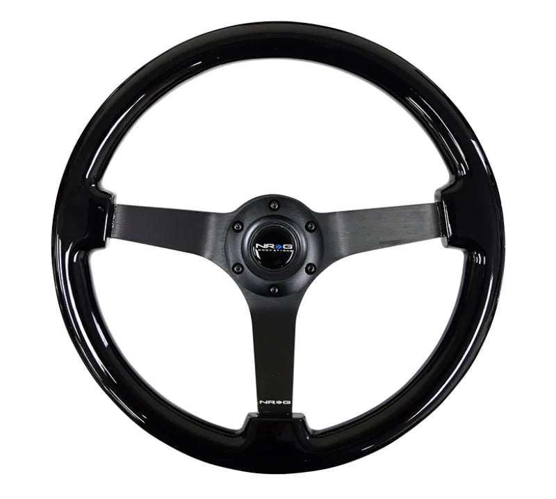 NRG Reinforced Steering Wheel (350mm / 3in. Deep) Black w/Black Chrome Solid 3-Spoke Center - Detail View