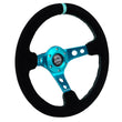 Load image into Gallery viewer, NRG Reinforced Steering Wheel (350mm/ 3in. Deep) Black Suede/ Teal Center Mark/ Teal Stitching - Main Product View