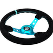 Load image into Gallery viewer, NRG Reinforced Steering Wheel (350mm/ 3in. Deep) Black Suede/ Teal Center Mark/ Teal Stitching - Side View