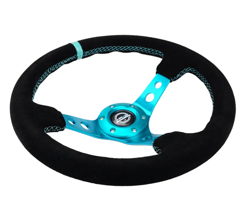 NRG Reinforced Steering Wheel (350mm/ 3in. Deep) Black Suede/ Teal Center Mark/ Teal Stitching - Side View