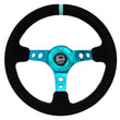Load image into Gallery viewer, NRG Reinforced Steering Wheel (350mm/ 3in. Deep) Black Suede/ Teal Center Mark/ Teal Stitching - Detail View
