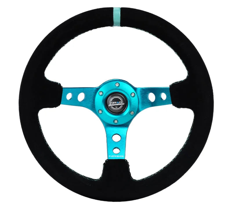 NRG Reinforced Steering Wheel (350mm/ 3in. Deep) Black Suede/ Teal Center Mark/ Teal Stitching - Detail View