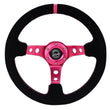 Load image into Gallery viewer, NRG Reinforced Steering Wheel (350mm/ 3in. Deep) Black Suede/ Fushia Center Mark/ Fushia Stitching