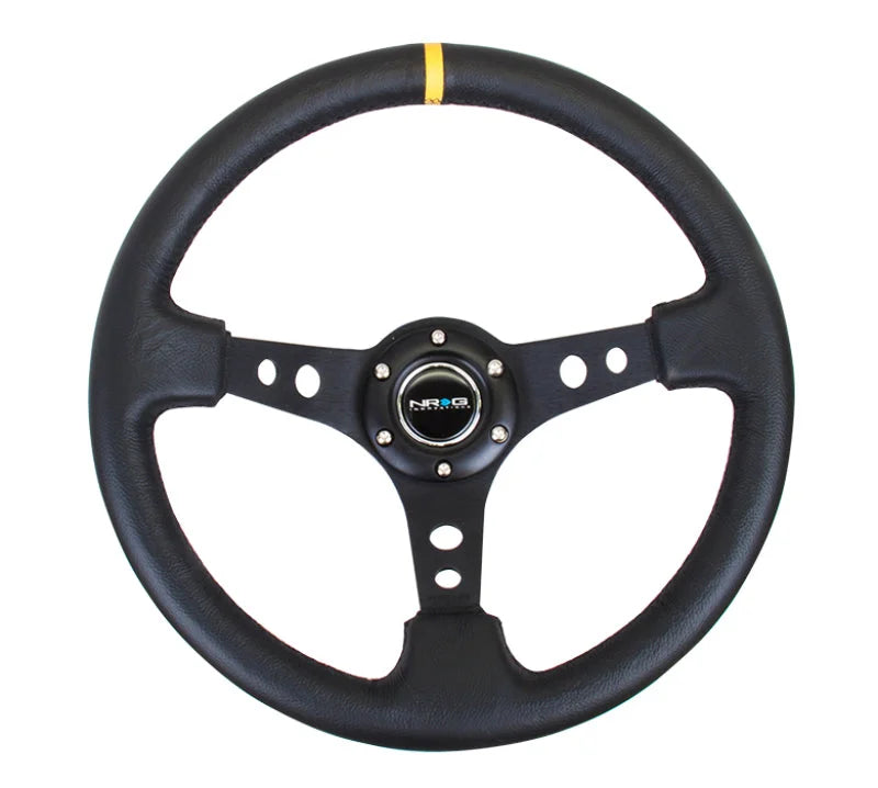 NRG Reinforced Steering Wheel (350mm / 3in. Deep) Blk Leather w/Blk Cutout Spoke/Yellow Center Mark - Side View