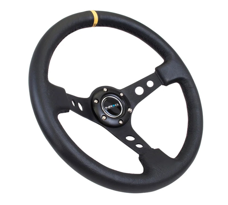 NRG Reinforced Steering Wheel (350mm / 3in. Deep) Blk Leather w/Blk Cutout Spoke/Yellow Center Mark - Detail View