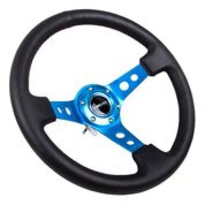 NRG Reinforced Steering Wheel (350mm / 3in. Deep) Blk Leather w/Blue Circle Cutout Spokes - Main Product View