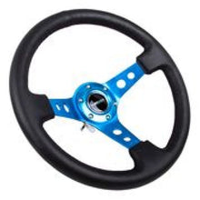 Load image into Gallery viewer, NRG Reinforced Steering Wheel (350mm / 3in. Deep) Blk Leather w/Blue Circle Cutout Spokes - Main Product View