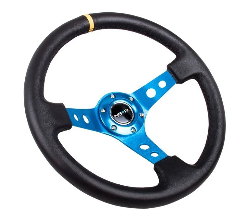 NRG Reinforced Steering Wheel (350mm / 3in. Deep) Blk Leather w/Blue Circle Cutout Spokes - Side View