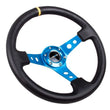 Load image into Gallery viewer, NRG Reinforced Steering Wheel (350mm / 3in. Deep) Blk Leather w/Blue Cutout Spoke &amp; Single Yellow CM - Main Product View