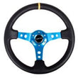 Load image into Gallery viewer, NRG Reinforced Steering Wheel (350mm / 3in. Deep) Blk Leather w/Blue Cutout Spoke &amp; Single Yellow CM - Side View