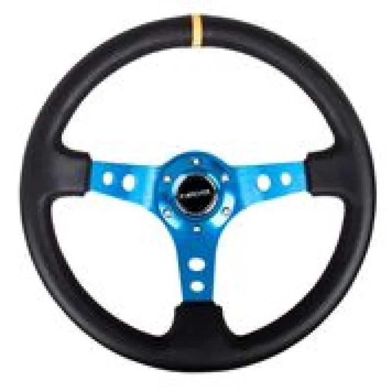 NRG Reinforced Steering Wheel (350mm / 3in. Deep) Blk Leather w/Blue Cutout Spoke & Single Yellow CM - Side View