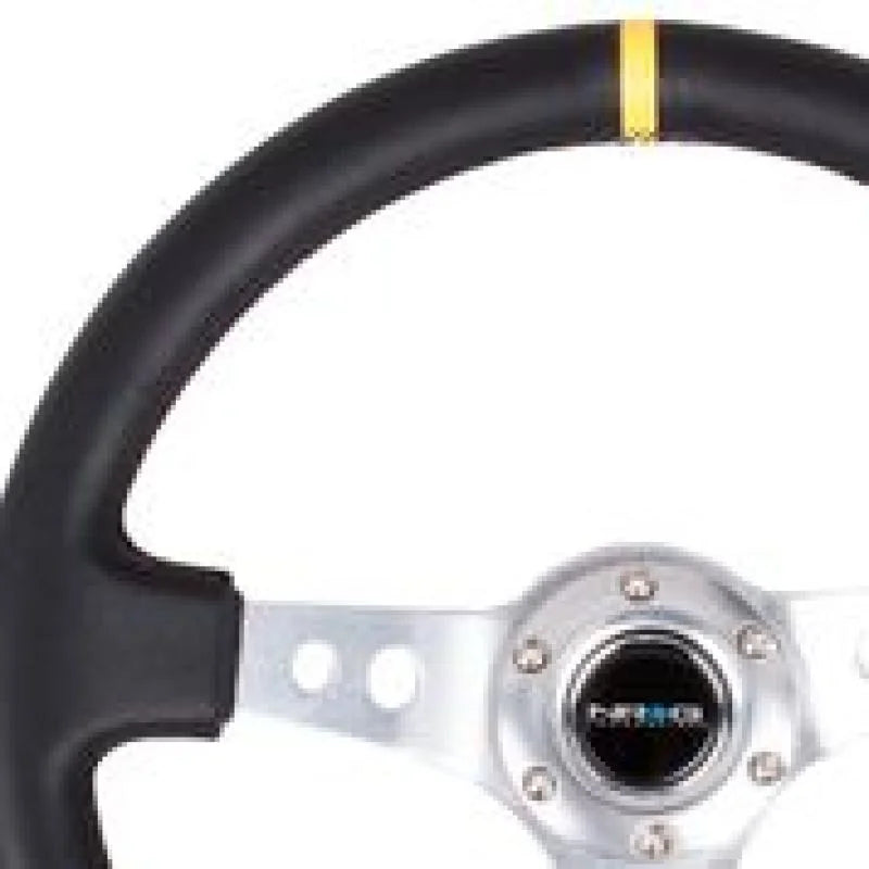 NRG Reinforced Steering Wheel (350mm / 3in. Deep) Blk Leather w/Circle Cut Spokes & Single Yellow CM - Main Product View