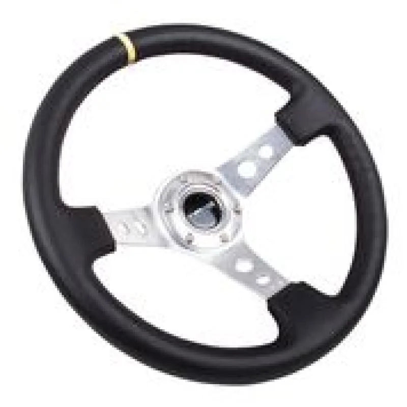 NRG Reinforced Steering Wheel (350mm / 3in. Deep) Blk Leather w/Circle Cut Spokes & Single Yellow CM - Side View