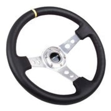 Load image into Gallery viewer, NRG Reinforced Steering Wheel (350mm / 3in. Deep) Blk Leather w/Circle Cut Spokes &amp; Single Yellow CM - Side View