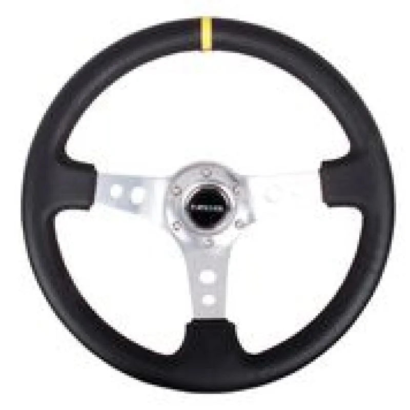 NRG Reinforced Steering Wheel (350mm / 3in. Deep) Blk Leather w/Circle Cut Spokes & Single Yellow CM - Detail View