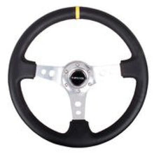 Load image into Gallery viewer, NRG Reinforced Steering Wheel (350mm / 3in. Deep) Blk Leather w/Circle Cut Spokes &amp; Single Yellow CM - Detail View