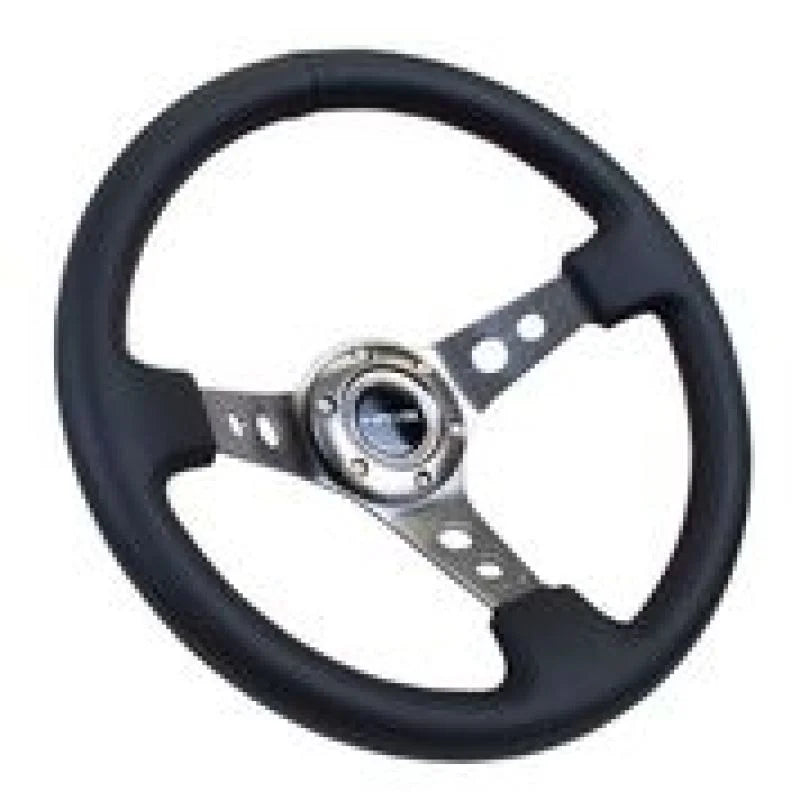 NRG Reinforced Steering Wheel (350mm / 3in. Deep) Blk Leather w/Gunmetal Circle Cutout Spokes - Main Product View