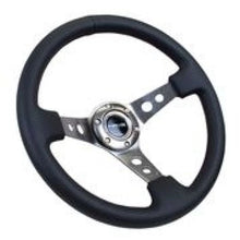 Load image into Gallery viewer, NRG Reinforced Steering Wheel (350mm / 3in. Deep) Blk Leather w/Gunmetal Circle Cutout Spokes - Main Product View