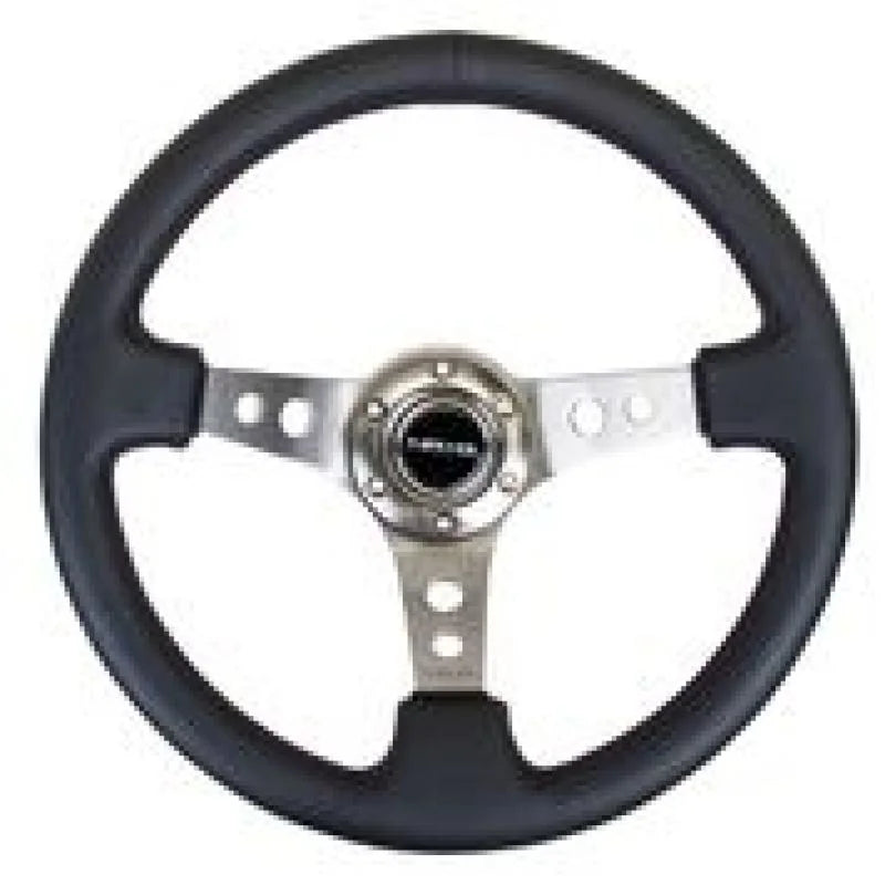 NRG Reinforced Steering Wheel (350mm / 3in. Deep) Blk Leather w/Gunmetal Circle Cutout Spokes - Side View