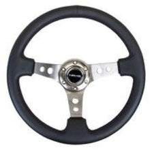 Load image into Gallery viewer, NRG Reinforced Steering Wheel (350mm / 3in. Deep) Blk Leather w/Gunmetal Circle Cutout Spokes - Side View