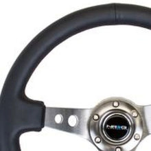 Load image into Gallery viewer, NRG Reinforced Steering Wheel (350mm / 3in. Deep) Blk Leather w/Gunmetal Circle Cutout Spokes - Detail View