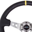 Load image into Gallery viewer, NRG Reinforced Steering Wheel (350mm / 3in. Deep) Blk Leather w/Gunmetal Cutout Spoke &amp; Yellow CM - Side View