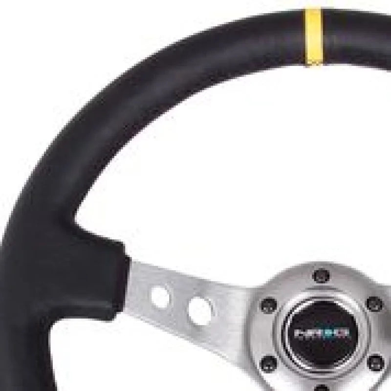 NRG Reinforced Steering Wheel (350mm / 3in. Deep) Blk Leather w/Gunmetal Cutout Spoke & Yellow CM - Side View