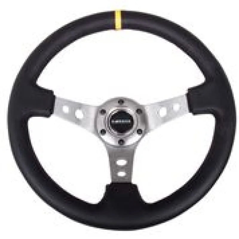 NRG Reinforced Steering Wheel (350mm / 3in. Deep) Blk Leather w/Gunmetal Cutout Spoke & Yellow CM - Detail View