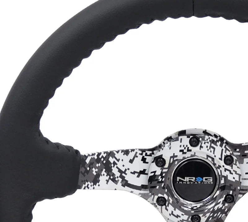 NRG Reinforced Steering Wheel (350mm / 3in. Deep) Blk Leather w/Hydrodipped Digi-Camo Spokes - Side View
