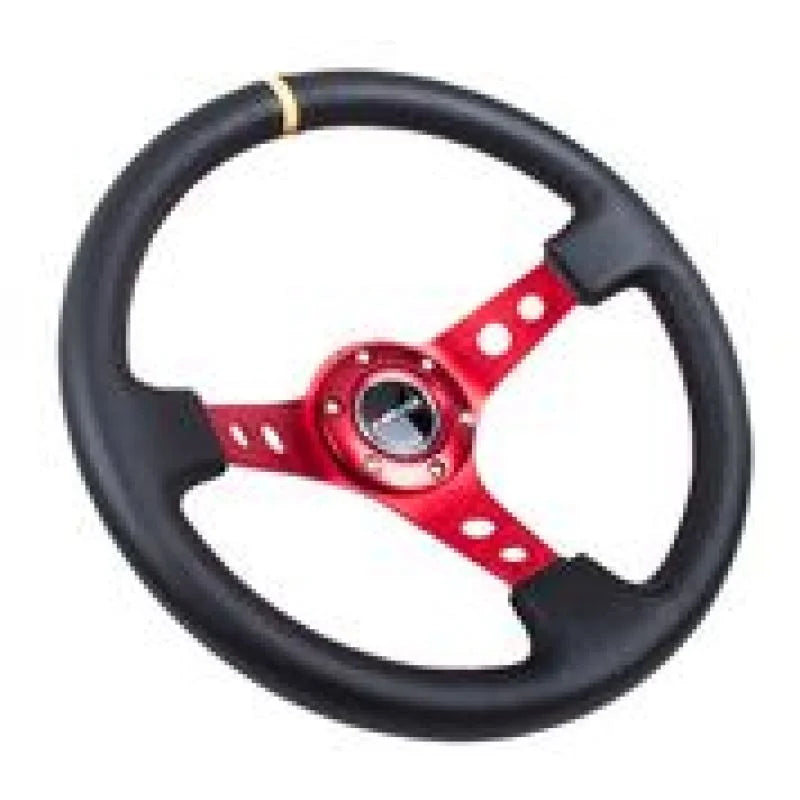 NRG Reinforced Steering Wheel (350mm / 3in. Deep) Blk Leather w/Red Spokes & Sgl Yellow Center Mark - Side View