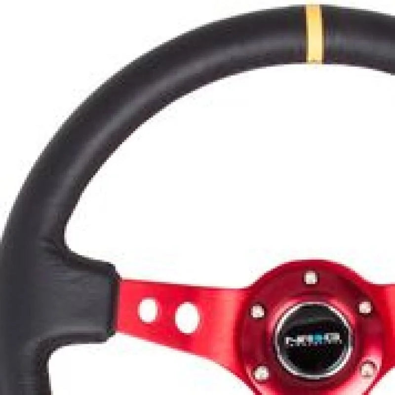 NRG Reinforced Steering Wheel (350mm / 3in. Deep) Blk Leather w/Red Spokes & Sgl Yellow Center Mark - Detail View